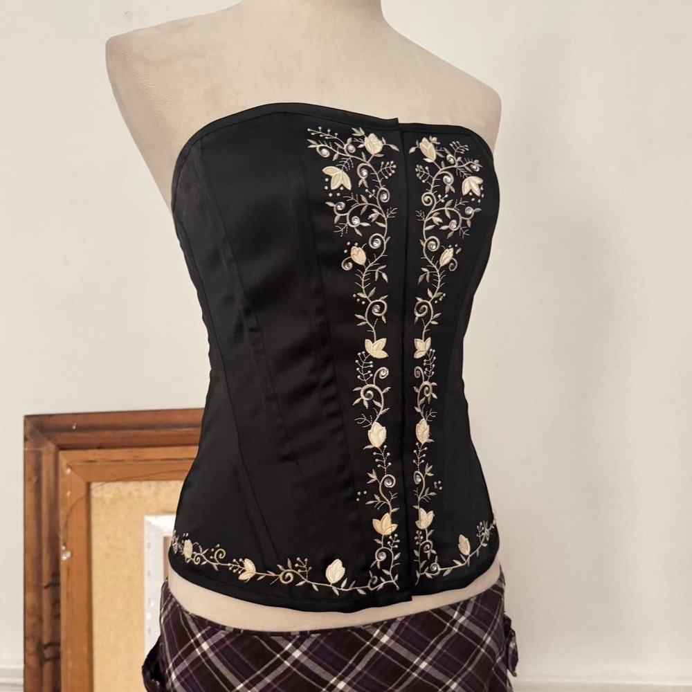 Vintage Charlotte Russe Black & White Floral Corset Lace Up Top 2000s Y2K